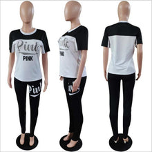 Cargar imagen en el visor de la galería, Pink Letter Casual 2 Piece Outfit Summer Tracksuit O Neck Short Sleeve Tops And Solid Fit Slim Long Pants Lady Streetwear