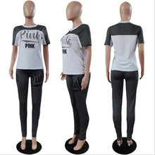 Cargar imagen en el visor de la galería, Pink Letter Casual 2 Piece Outfit Summer Tracksuit O Neck Short Sleeve Tops And Solid Fit Slim Long Pants Lady Streetwear