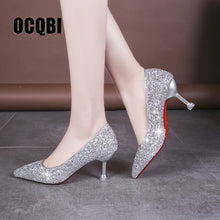 Cargar imagen en el visor de la galería, HOT 2019 new style Wedding bride shingle high-heeled shoes pointy bridesmaid gold powder crystal banquet shoes bling high heels