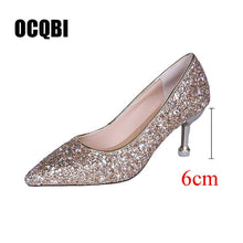 Cargar imagen en el visor de la galería, HOT 2019 new style Wedding bride shingle high-heeled shoes pointy bridesmaid gold powder crystal banquet shoes bling high heels
