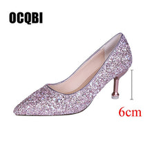 Cargar imagen en el visor de la galería, HOT 2019 new style Wedding bride shingle high-heeled shoes pointy bridesmaid gold powder crystal banquet shoes bling high heels