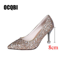 Cargar imagen en el visor de la galería, HOT 2019 new style Wedding bride shingle high-heeled shoes pointy bridesmaid gold powder crystal banquet shoes bling high heels
