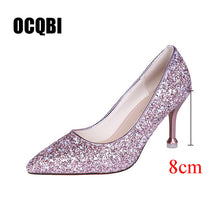 Cargar imagen en el visor de la galería, HOT 2019 new style Wedding bride shingle high-heeled shoes pointy bridesmaid gold powder crystal banquet shoes bling high heels