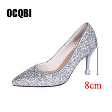 Cargar imagen en el visor de la galería, HOT 2019 new style Wedding bride shingle high-heeled shoes pointy bridesmaid gold powder crystal banquet shoes bling high heels