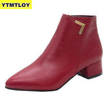 Cargar imagen en el visor de la galería, Fashion Women Boots Casual Leather Low High Heels Spring Shoes Woman Pointed Toe Rubber Ankle Boots Black Red Zapatos Mujer