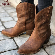Cargar imagen en el visor de la galería, NAUSK Classic Embroidered Western Cowboy Boots for Women Leather Cowgirl Boots Low Heels Shoes Knee High Woman Boots