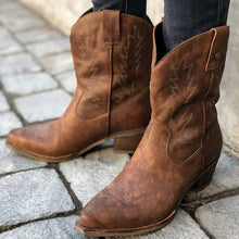 Cargar imagen en el visor de la galería, NAUSK Classic Embroidered Western Cowboy Boots for Women Leather Cowgirl Boots Low Heels Shoes Knee High Woman Boots