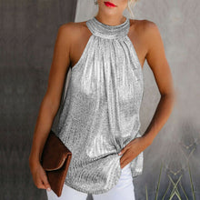 Cargar imagen en el visor de la galería, Women Gold Blouse 2019 New Fashion High Neck Sleeveless Hatler Tank Top Vest Summer Casual Loose Blouse Shirt Tee