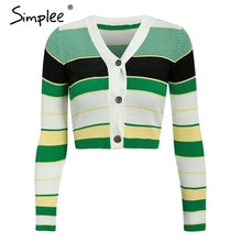 Cargar imagen en el visor de la galería, Simplee V-neck polo cardigan tops women Autumn casual stripe knitted crop top sweater coat Button chic ladies sports cardigan
