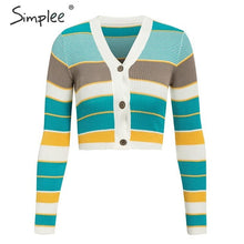 Cargar imagen en el visor de la galería, Simplee V-neck polo cardigan tops women Autumn casual stripe knitted crop top sweater coat Button chic ladies sports cardigan