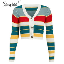 Cargar imagen en el visor de la galería, Simplee V-neck polo cardigan tops women Autumn casual stripe knitted crop top sweater coat Button chic ladies sports cardigan