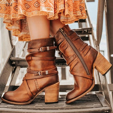 Cargar imagen en el visor de la galería, LZJ 2019 Women Ankle Boots Block High Heels Botas Zapatos Mujer Retro Leather Winter Shoes Plus Size Booties Cowboy Boots 35-43
