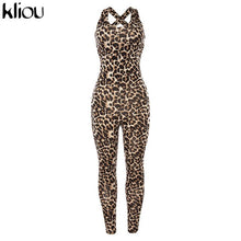 Cargar imagen en el visor de la galería, Kliou women sexy Leopard jumpsuits 2019 autumn winter fitness sportswear bodysuit back bandage hollow out female sexy rompers