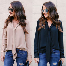 Cargar imagen en el visor de la galería, Fashion Women Ladies Long Sleeve Loose Chiffon Loose  Autumn V Neck Casual Bow Shirt Tops