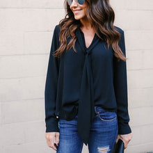 Cargar imagen en el visor de la galería, Fashion Women Ladies Long Sleeve Loose Chiffon Loose  Autumn V Neck Casual Bow Shirt Tops