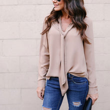 Cargar imagen en el visor de la galería, Fashion Women Ladies Long Sleeve Loose Chiffon Loose  Autumn V Neck Casual Bow Shirt Tops