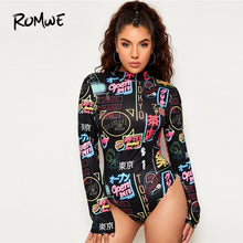 Cargar imagen en el visor de la galería, ROMWE Letter Print Mock Neck Long Sleeve Bodysuit For Women Autumn Casual Mid Waist One Piece Outfit Streetwear Ladies Jumpsuit