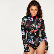 Cargar imagen en el visor de la galería, ROMWE Letter Print Mock Neck Long Sleeve Bodysuit For Women Autumn Casual Mid Waist One Piece Outfit Streetwear Ladies Jumpsuit