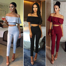 Cargar imagen en el visor de la galería, Fashion Womens Ladies Stylish Solid Color Slash Neck Cropt Tops + Long Pants Trousers 2PCS Tracksuit Outfits Set Lounge Wear