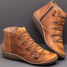 Cargar imagen en el visor de la galería, Women's PU Leather Vintage Ankle Boots Women Short Plush Winter Ladies Cross Strap Women Flat Ladies Shoes Woman Botas Mujer