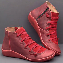 Cargar imagen en el visor de la galería, Women's PU Leather Vintage Ankle Boots Women Short Plush Winter Ladies Cross Strap Women Flat Ladies Shoes Woman Botas Mujer