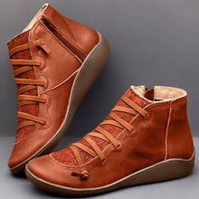 Cargar imagen en el visor de la galería, Women's PU Leather Vintage Ankle Boots Women Short Plush Winter Ladies Cross Strap Women Flat Ladies Shoes Woman Botas Mujer