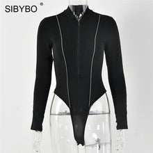 Cargar imagen en el visor de la galería, SIBYBO Reflective Spliced Skinny Sexy Bodysuit Women Long Sleeve Zipper Autumn Women Rompers Winter Casual Ladies Bodysuits Tops