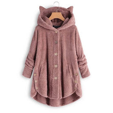 Cargar imagen en el visor de la galería, Fashion Plush Coat Womens Warm Button Hooded Jackets Autumn Winter Animal Hat Ear Coat Ladies Faux Fur Loose Solid Overcoat