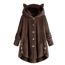Cargar imagen en el visor de la galería, Fashion Plush Coat Womens Warm Button Hooded Jackets Autumn Winter Animal Hat Ear Coat Ladies Faux Fur Loose Solid Overcoat