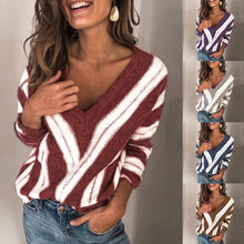 Cargar imagen en el visor de la galería, Women Striped Knit Sweater Fashion Vintage V Neck Tops Blusas Femininas Sweaters Femme Blusas Mujer De Moda 2019 Roupa Feminina