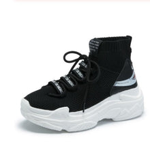 Cargar imagen en el visor de la galería, High Top Men Women Sneakers 5 CM Thick Sole Sock Shoes Knit Vamp Breathable Dad Shoes White Black Sapato Feminino