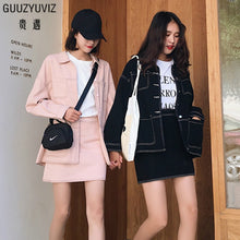 Cargar imagen en el visor de la galería, GUUZYUVIZ Women Denim Suit Pink Black Casual Chic Jeans Jacket Coat And High Waist Bodycon Skirt Womens 2 Piece Set 2018 Winter