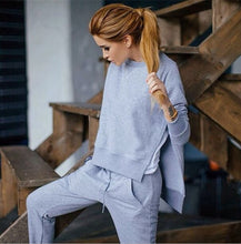 Cargar imagen en el visor de la galería, Solid lace up furcation Suit Set 2019 Women Tracksuit Two-piece Sport Style Outfit Jogging Sweatshirt Fitness Lounge Sportwear