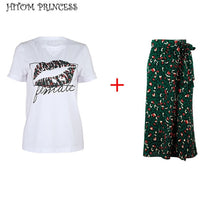 Cargar imagen en el visor de la galería, HITOM PRINCESS Women 2 Pieces Set Lip Print T Shirt and Leopard Long Skirt Sets Two Pieces Outfits Streetwear High Waist Skirts