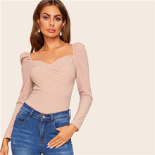 Cargar imagen en el visor de la galería, SHEIN Sexy Zip Back Puff Sleeve Slim Fitted Wrap Sweetheart Neck Blouse Women Solid Top Spring Club High Street Blouses