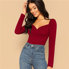 Cargar imagen en el visor de la galería, SHEIN Sexy Zip Back Puff Sleeve Slim Fitted Wrap Sweetheart Neck Blouse Women Solid Top Spring Club High Street Blouses