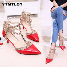 Cargar imagen en el visor de la galería, Pumps 2019 Women's Shoes Summer Fashion Female Sandals Rivet Metal Decoration Pu Leather Style Women High Heels Zapatos De Mujer