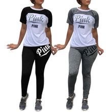 Cargar imagen en el visor de la galería, Pink Letter Casual 2 Piece Outfit Summer Tracksuit O Neck Short Sleeve Tops And Solid Fit Slim Long Pants Lady Streetwear